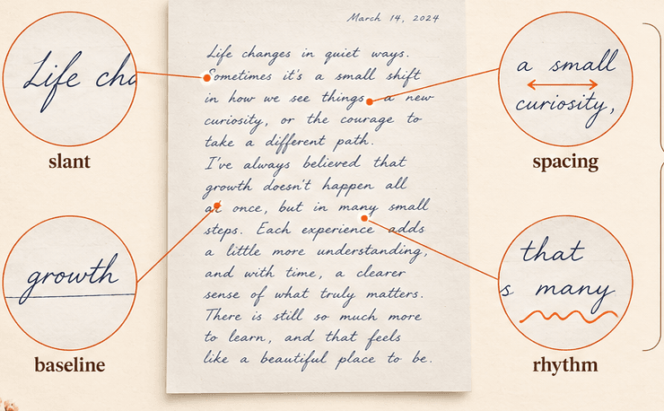 Handwriting sample with slant, baseline, spacing, and rhythm observations
